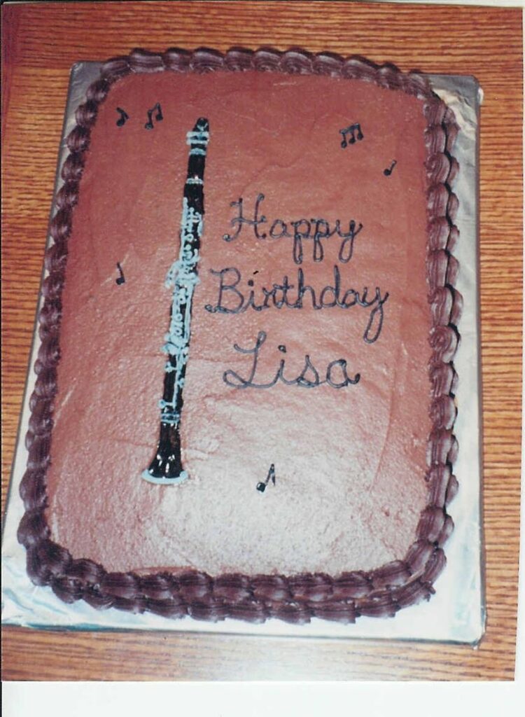 rectangle cake with a frosting clarinet