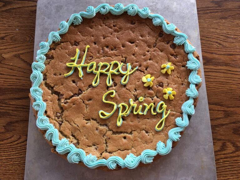 Sugar Whimzy large cookie frosted to say happy spring